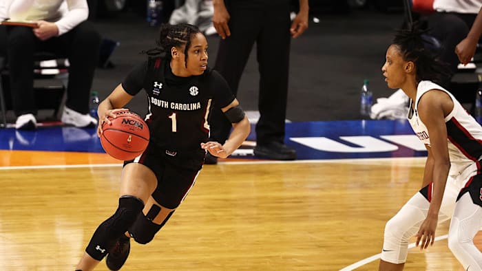 South Carolina's Zia Cooke dribbles